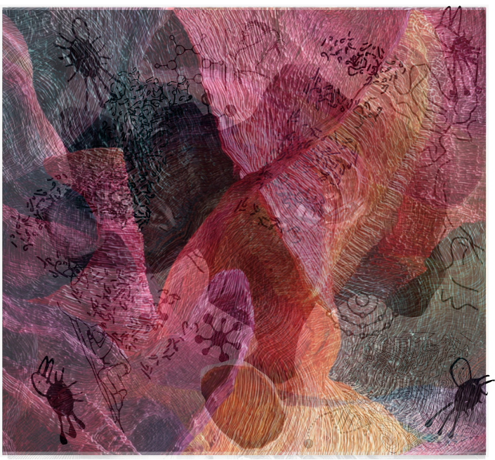 Bild von verschiedenen ineinander übergehenden Flächen, de in dunkelrosa, weinrot, dunklem blau/grau und senfgelb gehalten sind