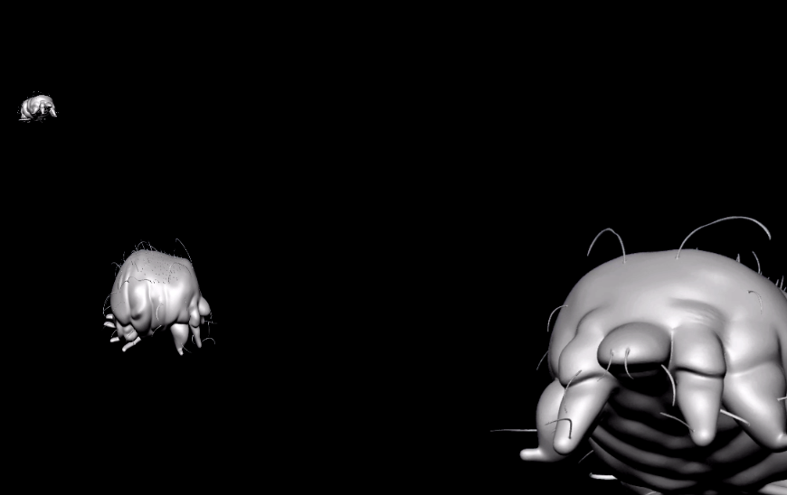 schwarzes Bild mit grau weissen Figuren, die an kleine Insekten erinnern