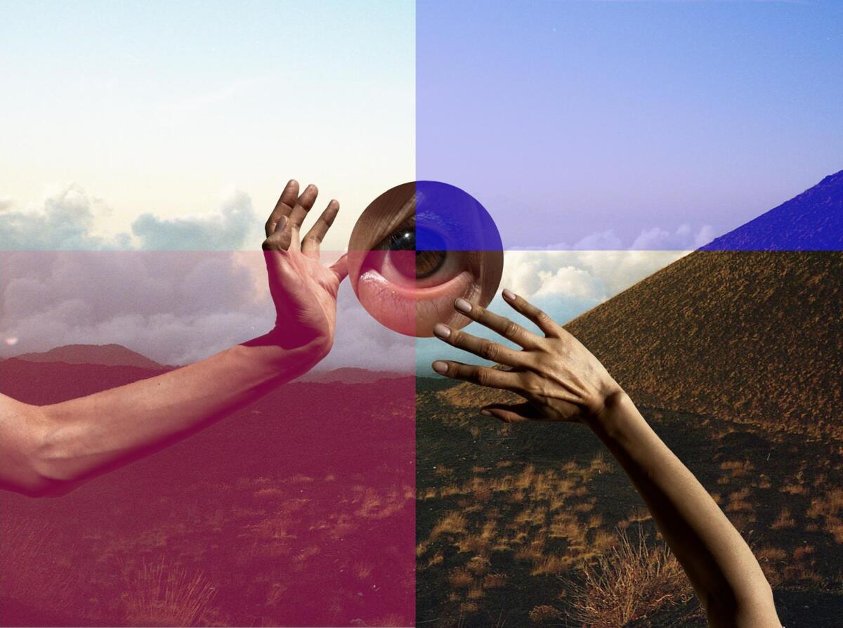 zwei Hände halten einen Kreis mit einem Auge vor einer Berglandschaft ausserdem ist das Bild in unterschiedlich farbige Rechtecke geteilt