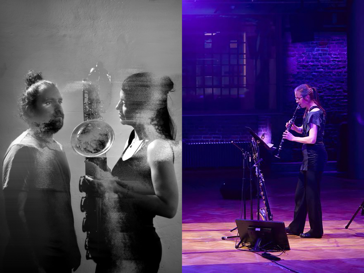 links verwischter Mann und verwischte Frau, die ein Saxophon hält in schwarz weiss, rechts Heather Roche, die auf einer Bühne Klarinette spielt in violettem Licht